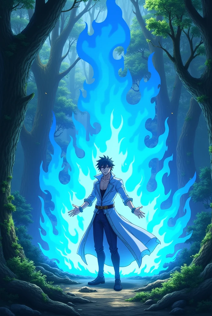 Anime male character creating a blue firestorm  in a forest 