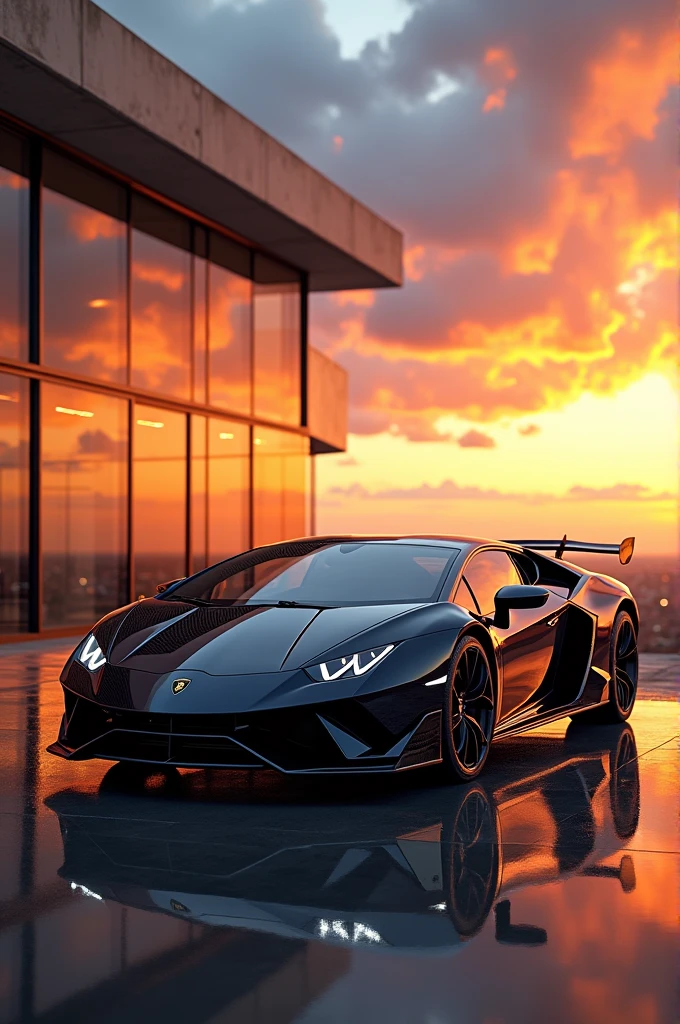 Lamborghini on a building with the sunset behind