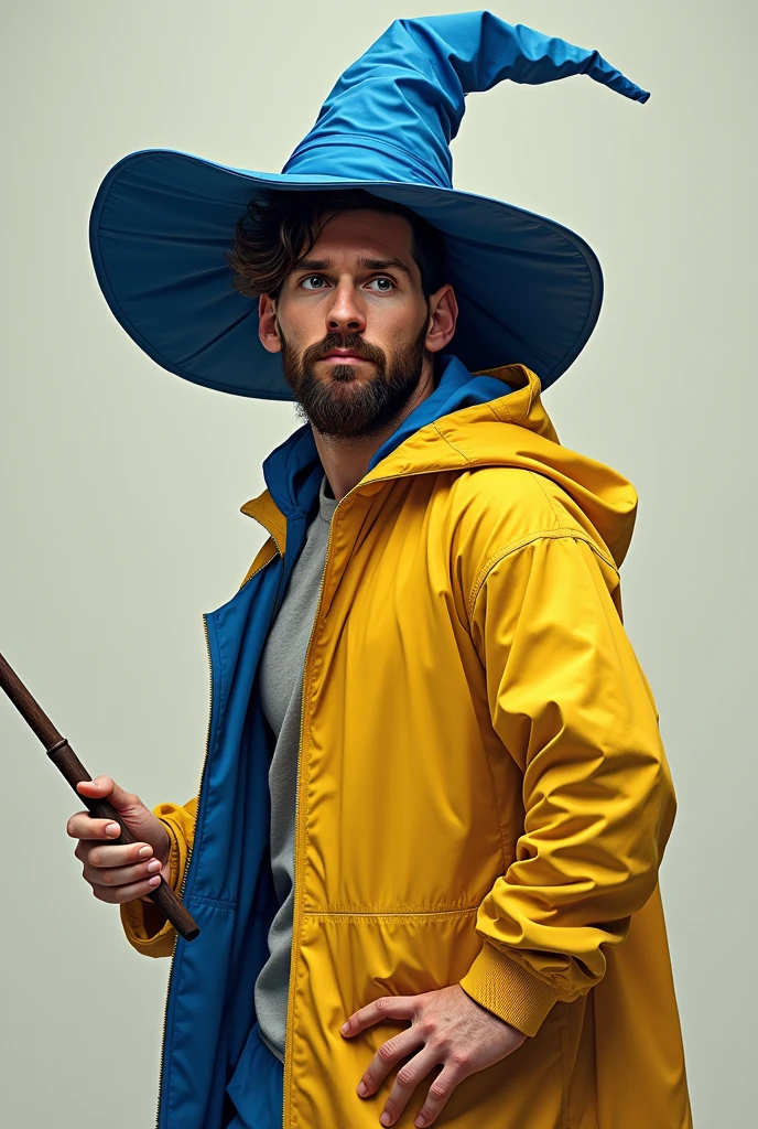 Messi with Harry Potter hat and wand dressed in yellow and blue clothes