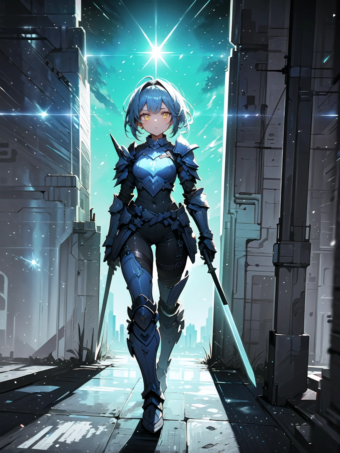 (((Masterpiece, best quality, 16k))) female character with short blue hair and glowing yellow eyes. She wears a futuristic armor in metallic silver, red, and black. wields dual energy swords. The character has a confident expression, with a high-tech cityscape as the background. ((full body front view)). ((slender)), (extremely detailed:1.5), (short blue hair:1.2), (glowing yellow eyes:1.2), (high-tech cityscape:1.1), (futuristic armor:1.3), (dual energy swords:1.3).

