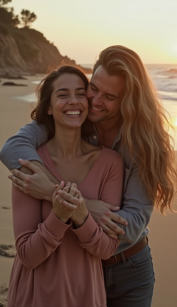 Man hugs woman, holding the hand of another woman who is behind them both

