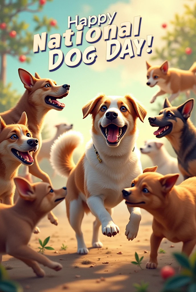 Dogs playing and celebrating. Text that says Happy National Dog Day!