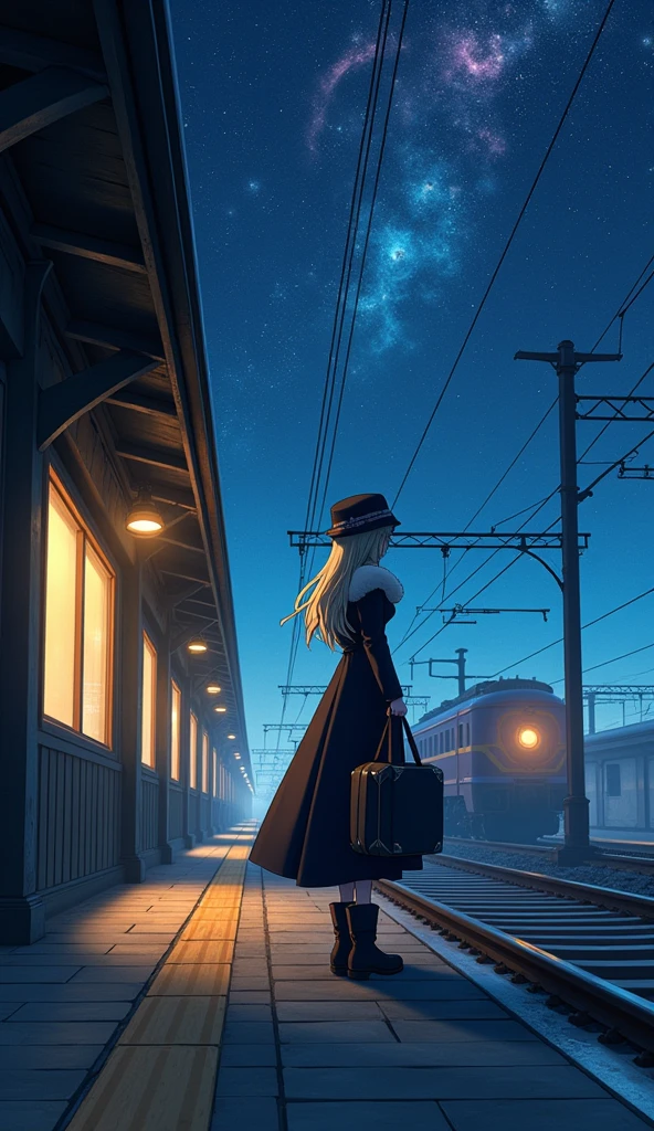 masterpiece,  High resolution, 4K, Attention to detail, high quality, Attention to detailed background, Realistic, Backlight,  Midnight, Galaxy Express 999, Galaxy images, Old Sky, Railroad to the Galaxy,
One person,  At the station, Look for others, (profile:0.5), With the conductor,
Iris, Small breasts,(close your eyes:0.3) Travel Bags, Upper Body, 
Maetel, Long Hair, Blonde, Fur trim, Black Hat, Fur hat, Dress Long Boots Black,  A car running through space