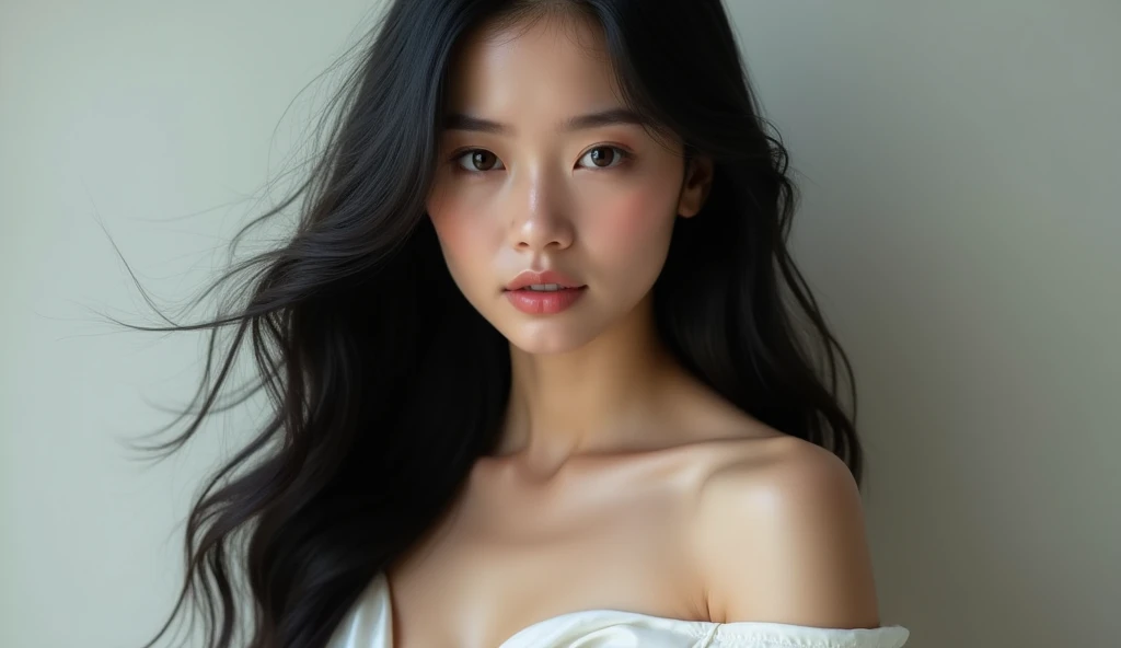 white skinned woman with long black hair,2, ultra realistic beautiful woman with detailed face, ultrarealistic photograph, photo by full body, natural breasts, pretty clothing