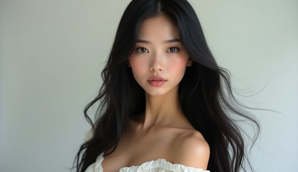 white skinned woman with long black hair,2, ultra realistic beautiful woman with detailed face, ultrarealistic photograph, photo by full body, natural breasts, pretty clothing