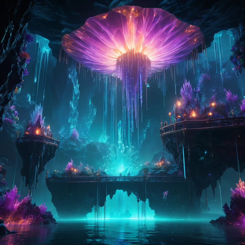 a magical abyssal scene, detailed 8K, dark and mystical atmosphere, glowing crystals, ethereal lighting, otherworldly structures, floating islands, mysterious energy, cinematic composition, dramatic lighting, vibrant colors, surreal fantasy landscape, highly detailed, award winning digital art