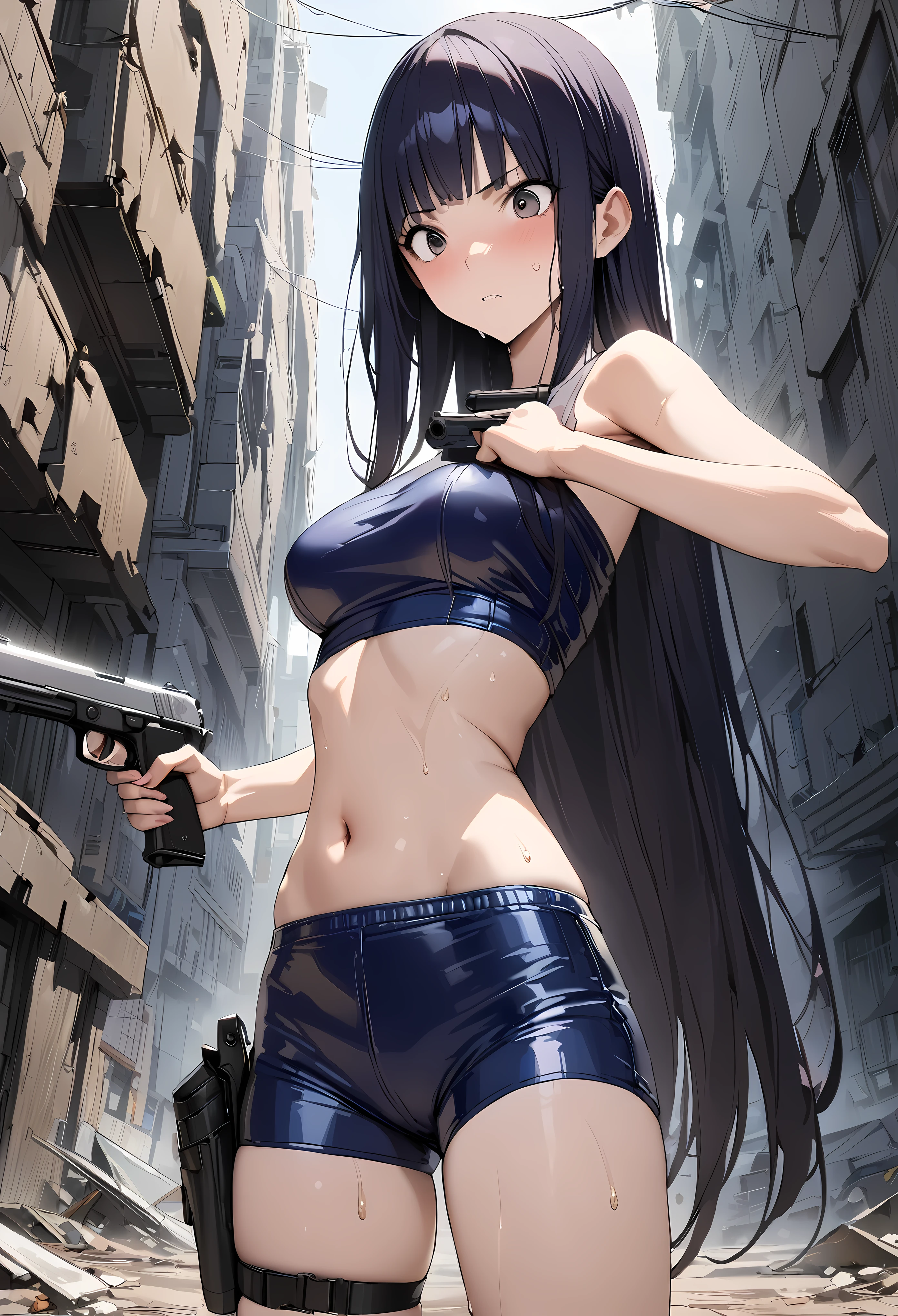 Action Scenes、((masterpiece,best quality anime,Highest quality:1.3)),realistic,cowboy shot,1woman,solo,(30 year old beauty),((very small head:1.4)),((very long body:1.4)),(dark blue hair),straight long hair,(gorgeous big eyes),black eyes,Serious expression,((slender body:1.4,skinny)),(Dark blue tube top shirt、navel、Navy blue latex shorts),Leg Holster,Combat Boots、medium breasts,sweat,holding handgun,(Shoot a gun,Shooting stance)、on road,Collapsed Buildings、cyberpunk world、