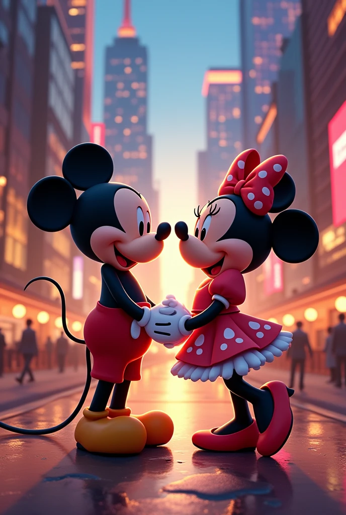 Mickey and Minnie Mouse, love, city, hand in hand