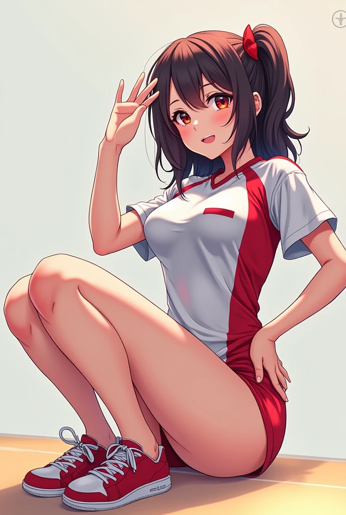 Hot anime girl wearing volley ball short and shirt hook sitting big hips