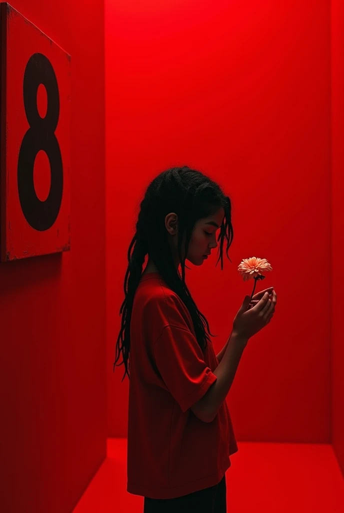 Make a dark-haired teenager with dreadlocks who is holding a flower, he is staring out with a serious face and the background is completely red, completely red and there is a painting on the wall, completely red, the floor is also completely red, the ceiling is completely red and there is a painting with the number 8 with the number 8 in black.