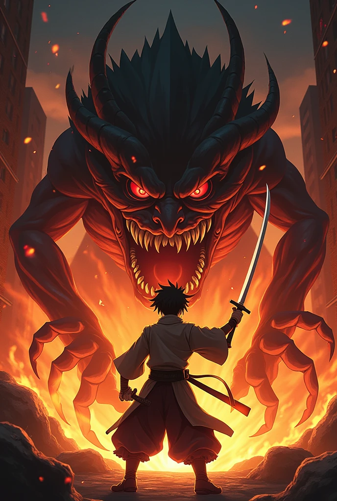 Tandjiro kamado; with a katana he fights with enemies and cuts off the opponent's head;with the fire behind him,burning buildings around, fighting with demons