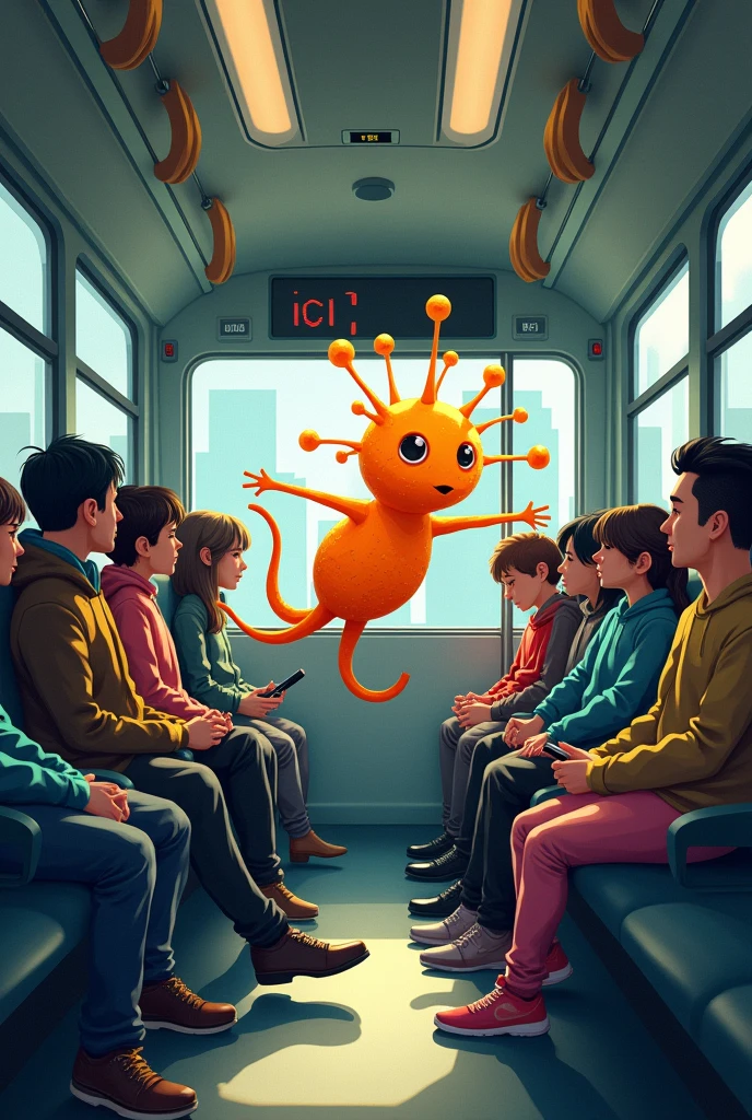 Draw a Neuron traveling on a bus
