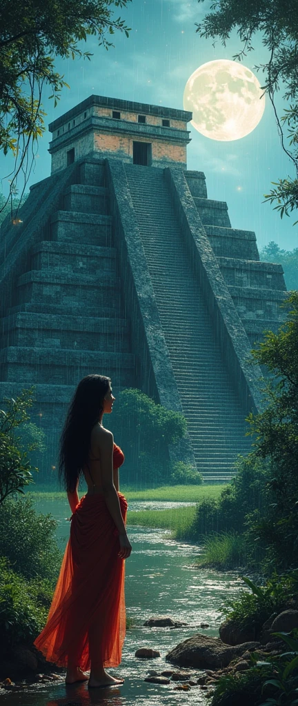 dynamic ink painting of a Mayan pyramid, great art, great sense of depth, ground level shot, the most beautiful temple in the world, jungle leaves shining through rainwater, moon\(pale blue\) with a light overcast, beautiful Mayan woman\(ancient mayan princess, noble, beautiful traditional attire, beautiful long black hair\) looking straight at the camera, smiling ,raining softly, fireflies flying around, long distance shot,