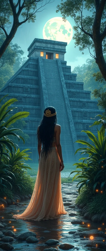 dynamic ink painting of a Mayan pyramid, great art, great sense of depth, ground level shot, the most beautiful temple in the world, jungle leaves shining through rainwater, moon\(pale blue\) with a light overcast, beautiful Mayan woman\(ancient mayan princess, noble, beautiful traditional attire, beautiful long black hair\) looking straight at the camera, smiling ,raining softly, fireflies flying around, long distance shot,