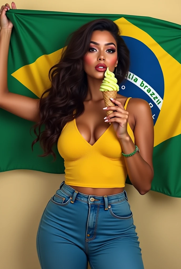 A busty  girl holding the Brazilian flag with a cup of ice cream in her left hand
