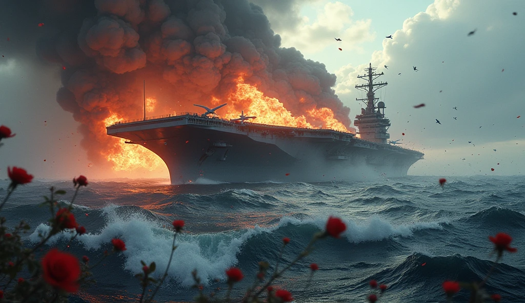 2024 broad view(masterpiece, best quality) destroyed sea; Navy aircraft carrier sinking; fire everywhere; Red roses falling into the sea.