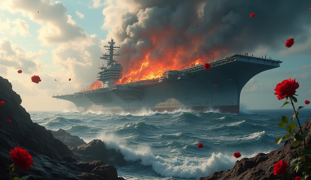 2024 broad view(masterpiece, best quality) destroyed sea; Navy aircraft carrier sinking; fire everywhere; Red roses falling into the sea.