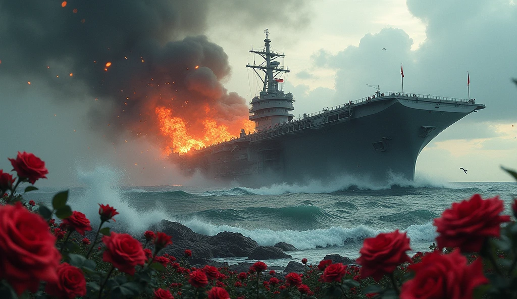 2024 broad view(masterpiece, best quality) destroyed sea; Navy aircraft carrier sinking; fire everywhere; Red roses falling into the sea.