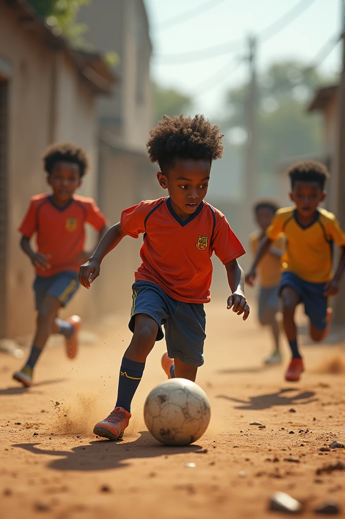 Create for me the image of a 5 year old black boy dribbling past several boys on a dirt field