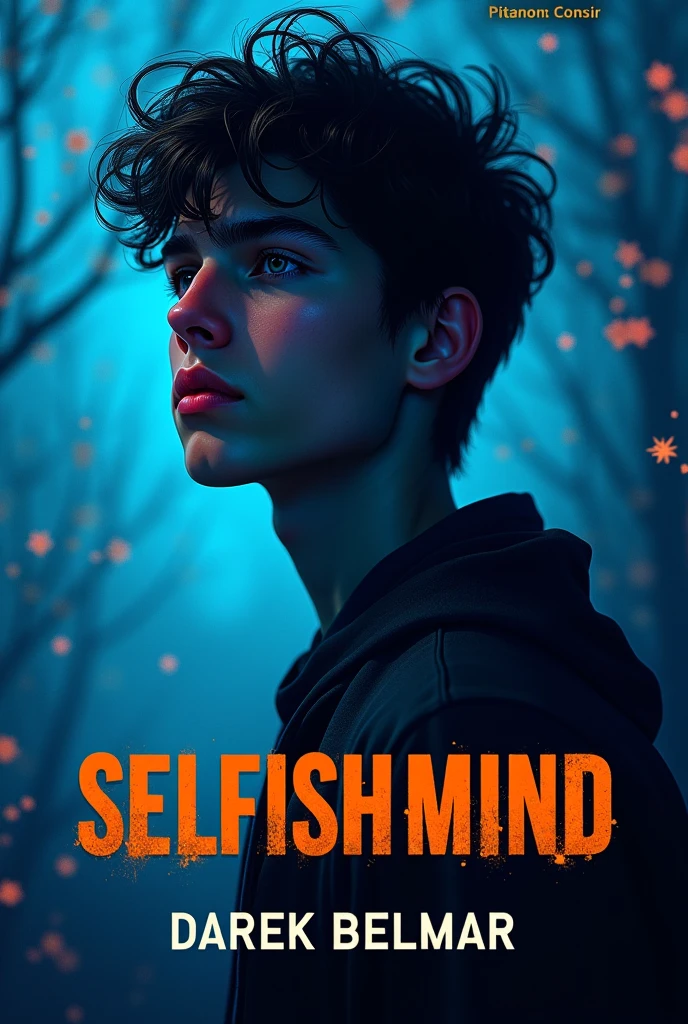 Create a book cover with blue and orange colors, with the title "selfish mind", with author name Darek Belmar at the bottom, with a teenage boy in the background looking to the left