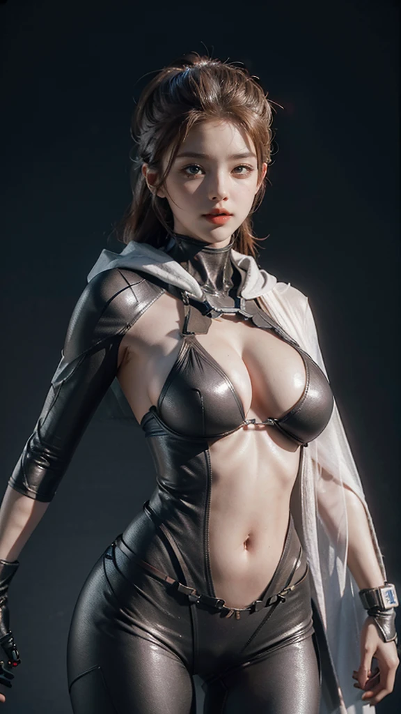 A cybernetic woman, with a perfect sculptural upper body, realistic, belly appearing, (large and perfect breasts), neckline, 3d, with hood on the head and a cape, and a red visor in the right eye, anime style 3d, ultra realistic, HD,