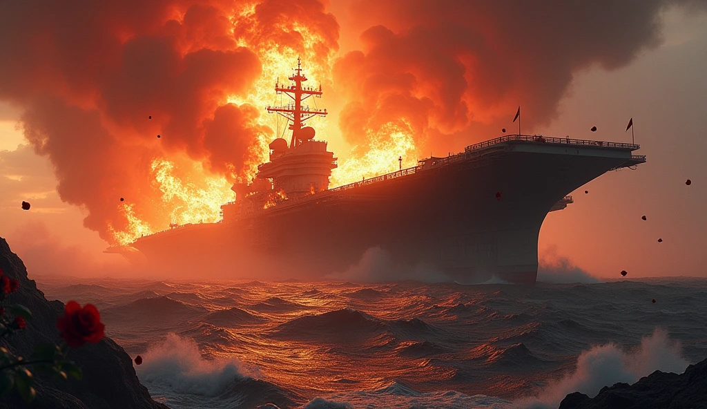 2024; (masterpiece, best quality) destroyed sea; big Navy aircraft carrier sinking; fire everywhere; Red roses falling into the sea.