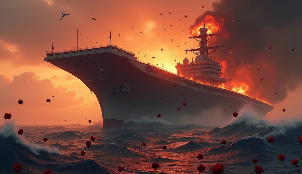 2024; (masterpiece, best quality) destroyed sea; big Navy aircraft carrier sinking; fire everywhere; Red roses falling into the sea.