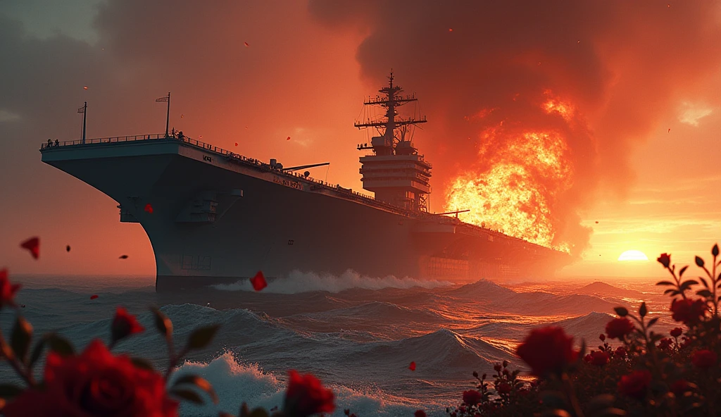 2024; (masterpiece, best quality) destroyed sea; big Navy aircraft carrier sinking; fire everywhere; Red roses falling into the sea.