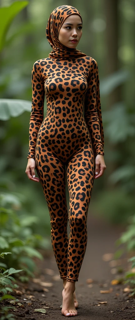 the beautiful,slender thin and prettiest Malaysian muslimah adult girl with beautiful cheeks wears brown leopard print lycra turtleneck unitard catsuit covered with black seamless spots and always wear brown leopard print lycra elastane stretchy dance wear hijab covered with black seamless spots.She is caught on camera trap.