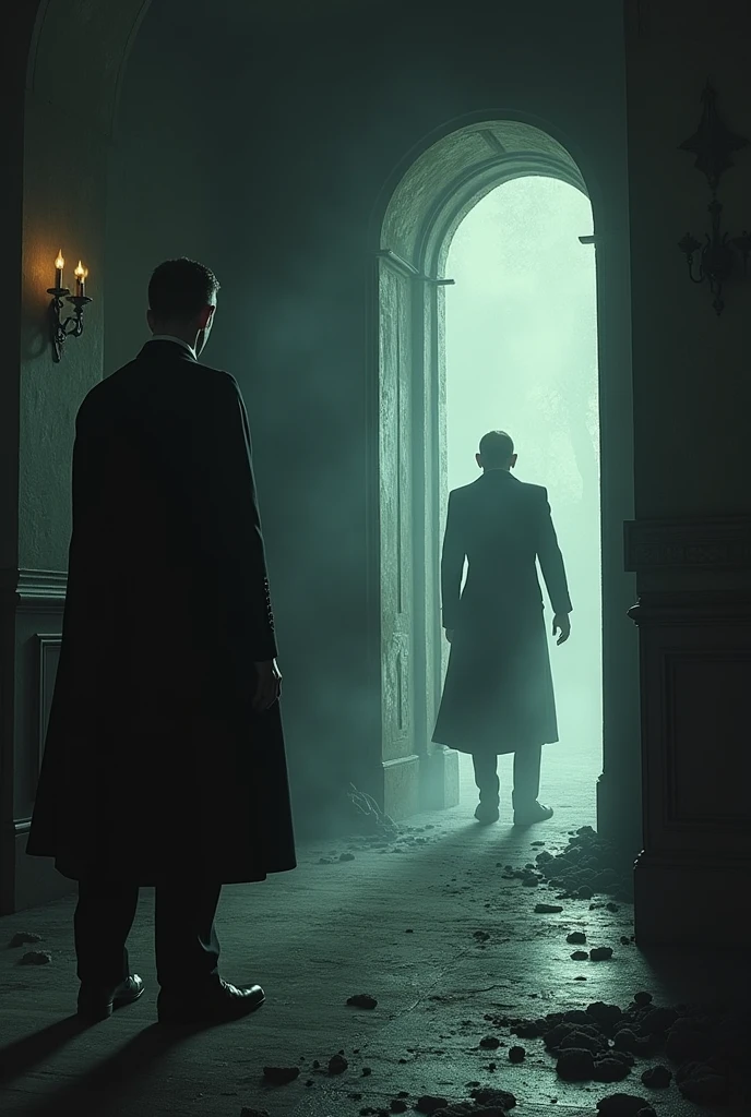 A villain next to Adolf Hitler in a dark room, about to place a protective device in the room, while a hero from the future bursts through a broken door.