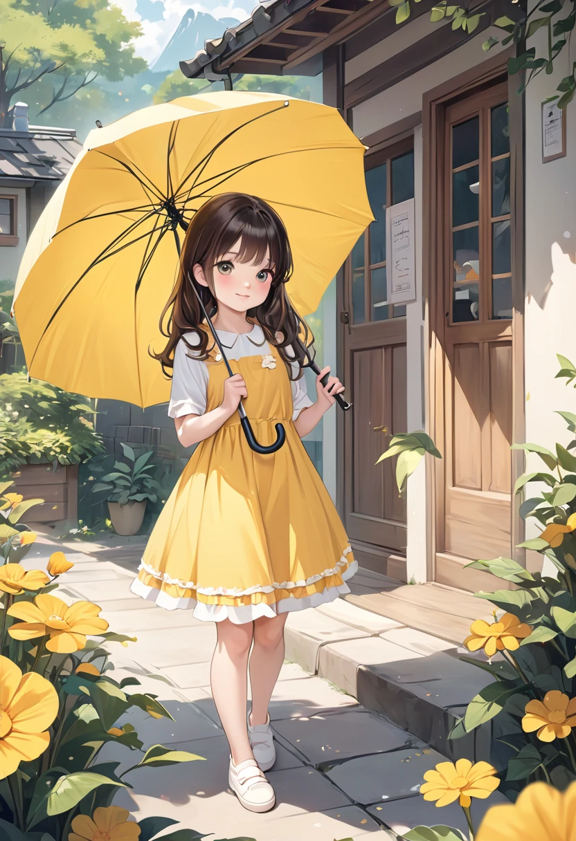 Anime girl with long hair and yellow dress holding an umbrella, cutedigital art, Cute Comics, Cute Comics character, Cute artwork, cute art style, Adorable digital painting, Cute and detailed digital art, Beautiful artwork illustration, cute anime visual of a girl, Yellow parasol, Cute Character, realistic cute illustration, Cute illustration, cute anime, cute