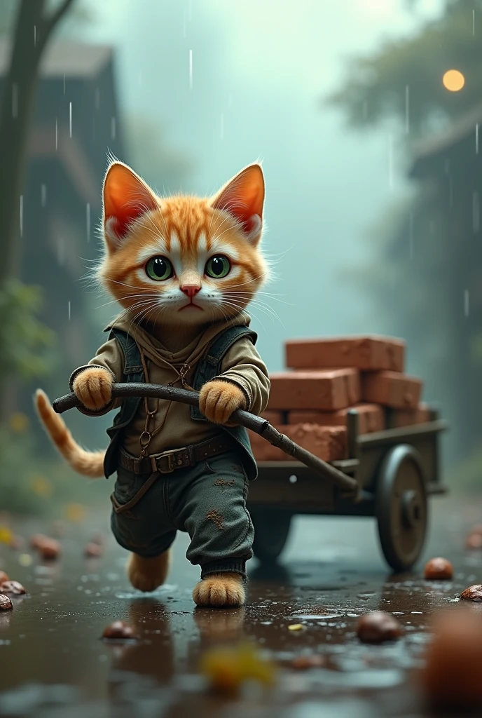 A kitten wearing ragged clothes is pulling a cart full of bricks..下雨天 Concept Artistry, reflects an imaginative and surreal environment., Energetic, photo, Concept Art, 3D Rendering