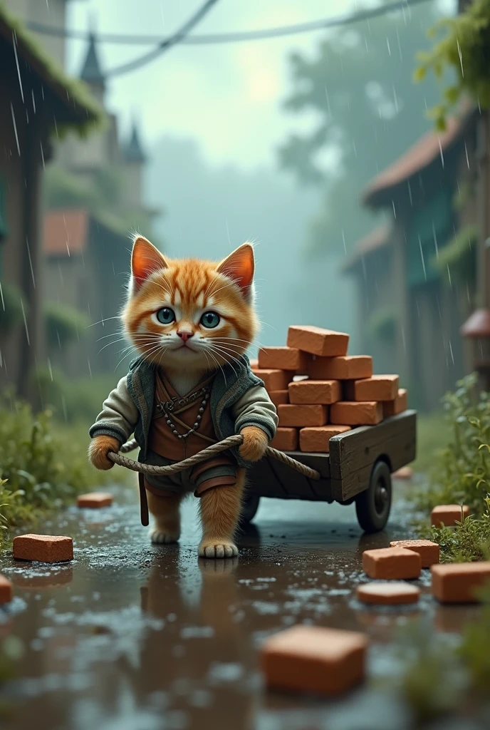 A kitten wearing ragged clothes is pulling a cart full of bricks..下雨天 Concept Artistry, reflects an imaginative and surreal environment., Energetic, photo, Concept Art, 3D Rendering 