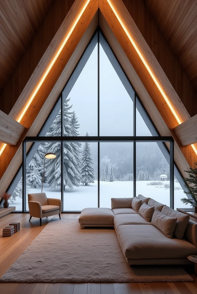create a photo taken from the inside out of a large, modern chalet made of iron and glass in the middle of the snow at night with warm white LED lighting, large carpet in the living room, sofa with towel fabric, minimalist style with neoclassical and modern industrial triangular