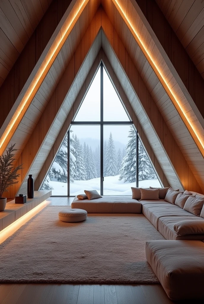 create a photo taken from the inside out of a large, modern chalet made of iron and glass in the middle of the snow at night with warm white LED lighting, large carpet in the living room, sofa with towel fabric, minimalist style with neoclassical and modern industrial triangular
