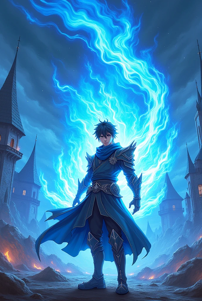 Anime male character creating a blue firestorm  to destroy an empire 