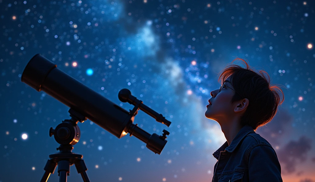 "A captivating night sky filled with vibrant stars and planets, a person gazing up through a telescope with wonder and curiosity. The scene should evoke a sense of mystery and potential, with a touch of excitement. --ar 16:9"