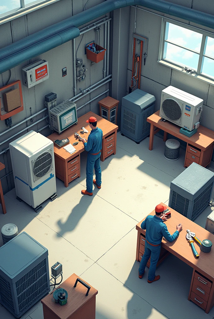 Make a drawing of an air conditioning repair workshop in which there are air conditioners, Refrigerators and work tools on the floor or tables