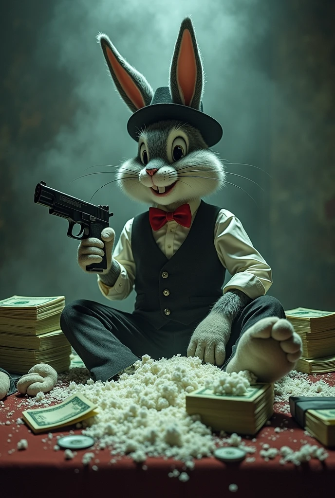 Bugs Bunny sitting on the table with several cocaine and money with 45 pistol in hand with vest and hat