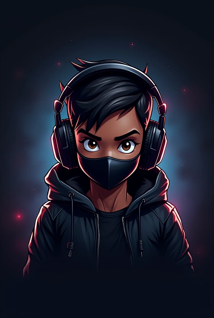 Create a logo of a dark-skinned gamer boy with headphones and a black jacket and a face mask