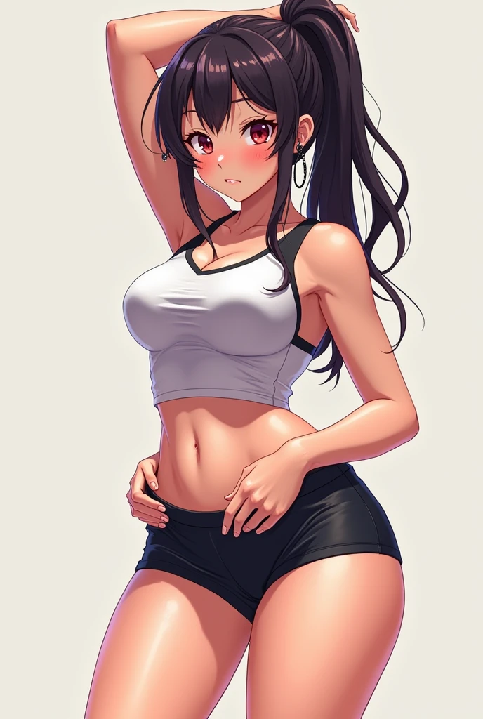 Hot sweaty anime girl wearing volley ball short and shirt hook sitting big hips