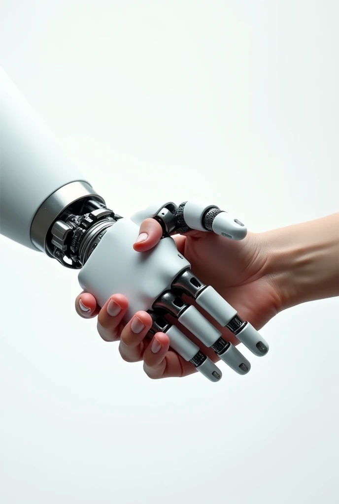 Create a realistic image combining artificial intelligence with Human Resources. The image must have a white background and must contain a robot hand shaking a human hand..