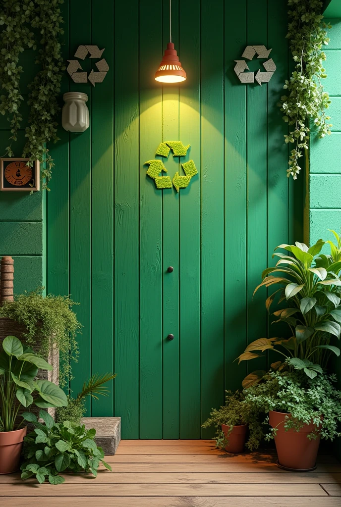 Green pallet wall , green recycle theme, lamp highlight,