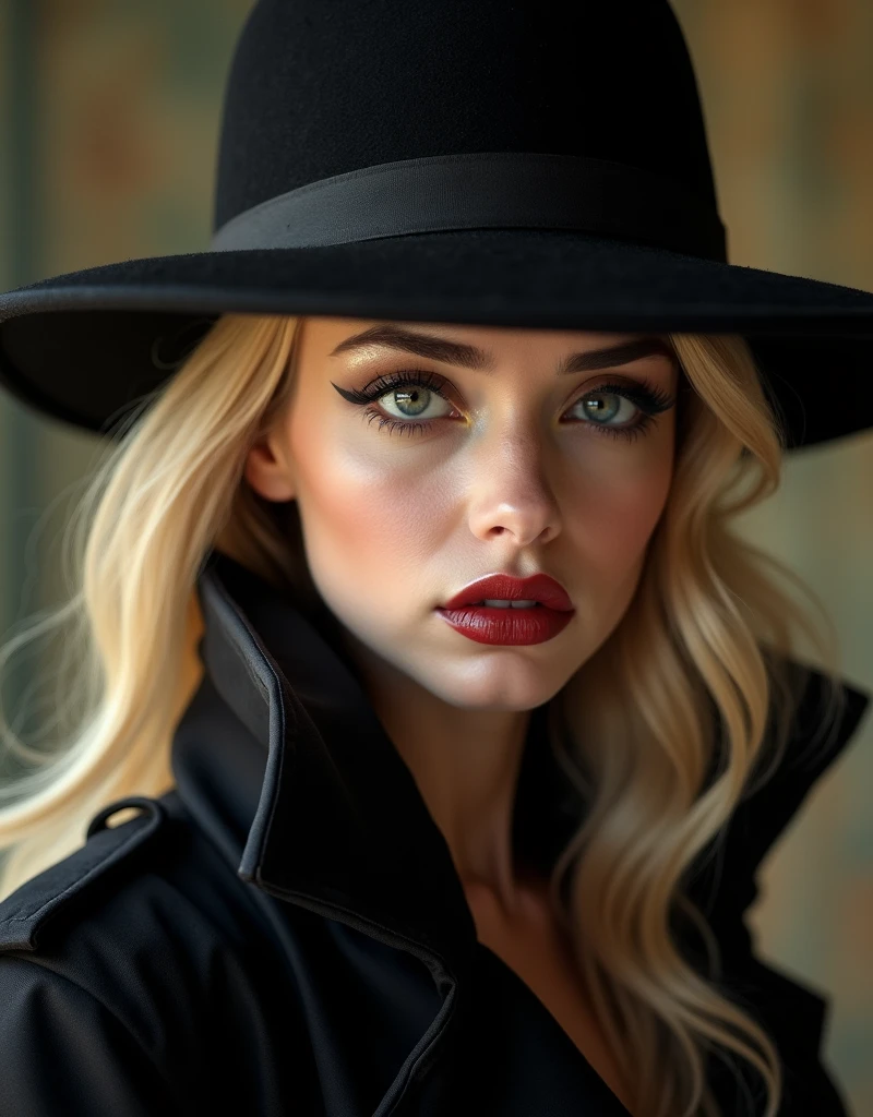 (((best qualityer))), highly detailed, high resolution. 2 female, blondie hair, clear green eyes, fleshy lips, heavy make-up, The model wears a black jacket and a black hat, Not 32k UHD style, Rococo elegance, Vintage style design, bold curves, ferrânia p30, Limited color range