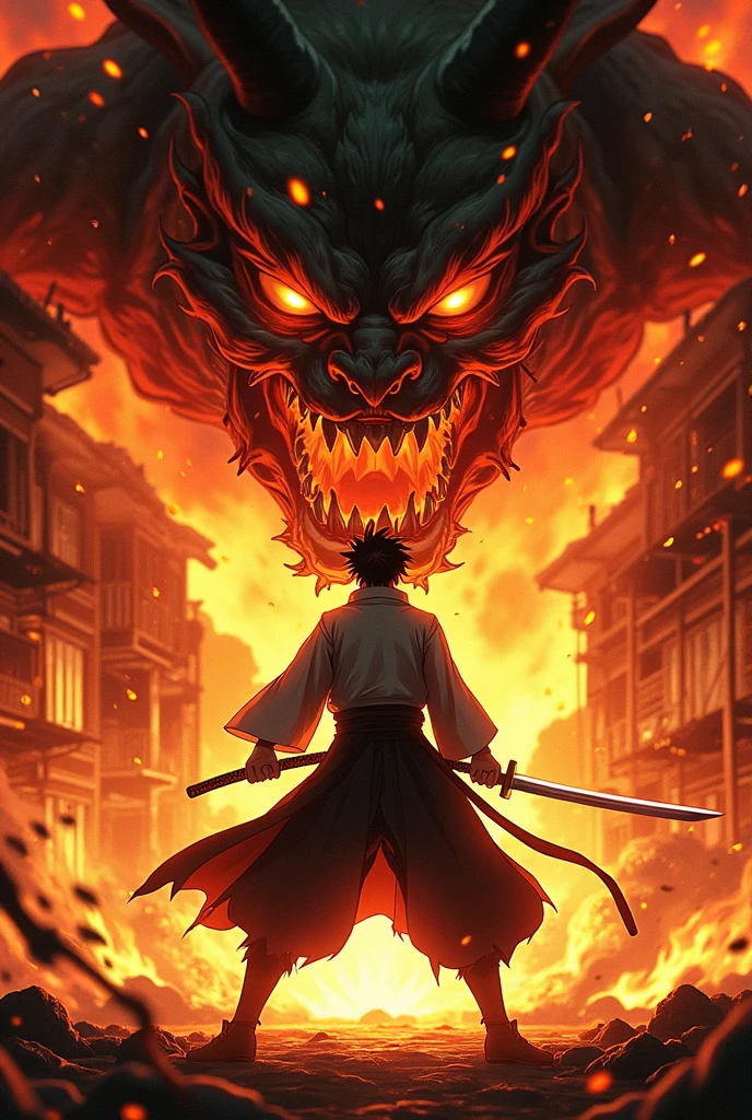 Tandjiro kamado; with a katana he fights with enemies and cuts off the opponent's head;with the fire behind him,burning buildings around, fighting with demons