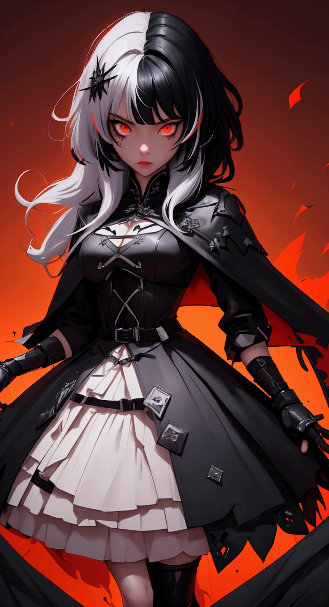 envision a 8k, highres, cinematic, beautiful full body design sheet of a girl named Shiori Novella with long black and white hair with hair ornaments, Narrowed Amber eyes, with a dark book of spells, wearing a goth military Lolita dress and red cape against a dark background