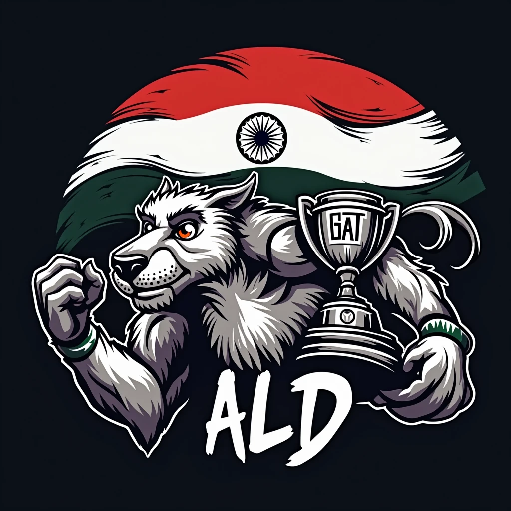 create a sports logo with the name ALD with an Indian mascot holding a trophy with the word goat written inside with the Brazilian flag behind it