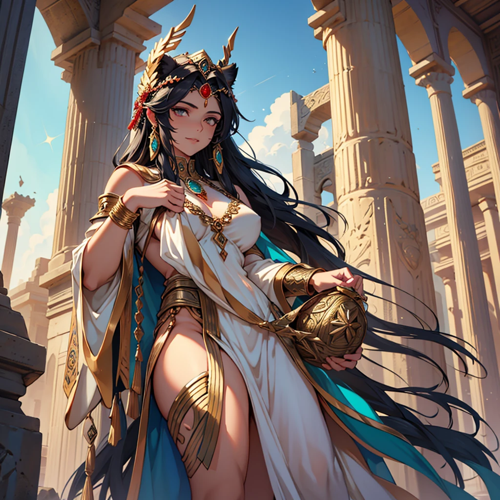 The image depicts Ishtar, the mesopotamian goddess of love, of war and fertility, in a majestic and imposing pose. She is represented with divine beauty and a powerful presence.. Her hair is long and luxurious, falling in wavy waves that frame her face. She wears an elaborate golden robe with intricate details in shades of red and blue., symbolizing your connection with heaven and earth.Ishtar is adorned with jewelry and accessories that reflect her divinity., including a diadem with emeralds and rubies. His eyes are expressive and piercing, showing both serenity and strength. She holds a scepter adorned with astrological symbols and mythological figures., like lions and stars, that highlight their power and influence.Ao fundo, there is a setting reminiscent of the ancient temples of Mesopotamia, with imposing columns and a dramatic sky at dusk, which adds an epic touch to the scene.