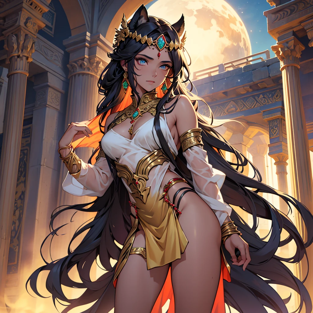 The image depicts Ishtar, the mesopotamian goddess of love, of war and fertility, in a majestic and imposing pose. She is represented with divine beauty and a powerful presence.. Her hair is long and luxurious, falling in wavy waves that frame her face. She wears an elaborate golden robe with intricate details in shades of red and blue., symbolizing your connection with heaven and earth.Ishtar is adorned with jewelry and accessories that reflect her divinity., including a diadem with emeralds and rubies. His eyes are expressive and piercing, showing both serenity and strength. She holds a scepter adorned with astrological symbols and mythological figures., like lions and stars, that highlight their power and influence.Ao fundo, there is a setting reminiscent of the ancient temples of Mesopotamia, with imposing columns and a dramatic sky at dusk, which adds an epic touch to the scene.