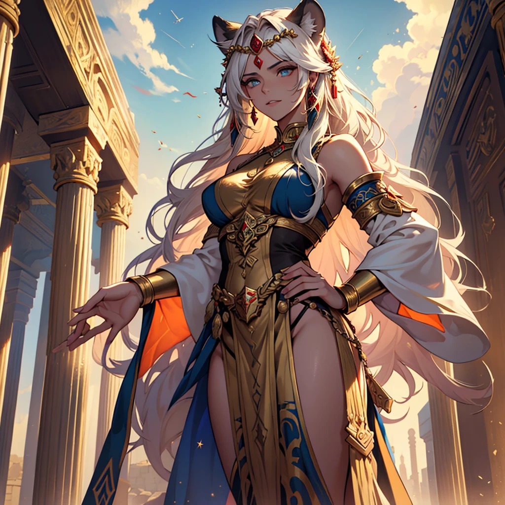 The image depicts Ishtar, the mesopotamian goddess of love, of war and fertility, in a majestic and imposing pose. She is represented with divine beauty and a powerful presence.. Her hair is long and luxurious, falling in wavy waves that frame her face. She wears an elaborate golden robe with intricate details in shades of red and blue., symbolizing your connection with heaven and earth.Ishtar is adorned with jewelry and accessories that reflect her divinity., including a diadem with emeralds and rubies. His eyes are expressive and piercing, showing both serenity and strength. She holds a scepter adorned with astrological symbols and mythological figures., like lions and stars, that highlight their power and influence.Ao fundo, there is a setting reminiscent of the ancient temples of Mesopotamia, with imposing columns and a dramatic sky at dusk, which adds an epic touch to the scene.